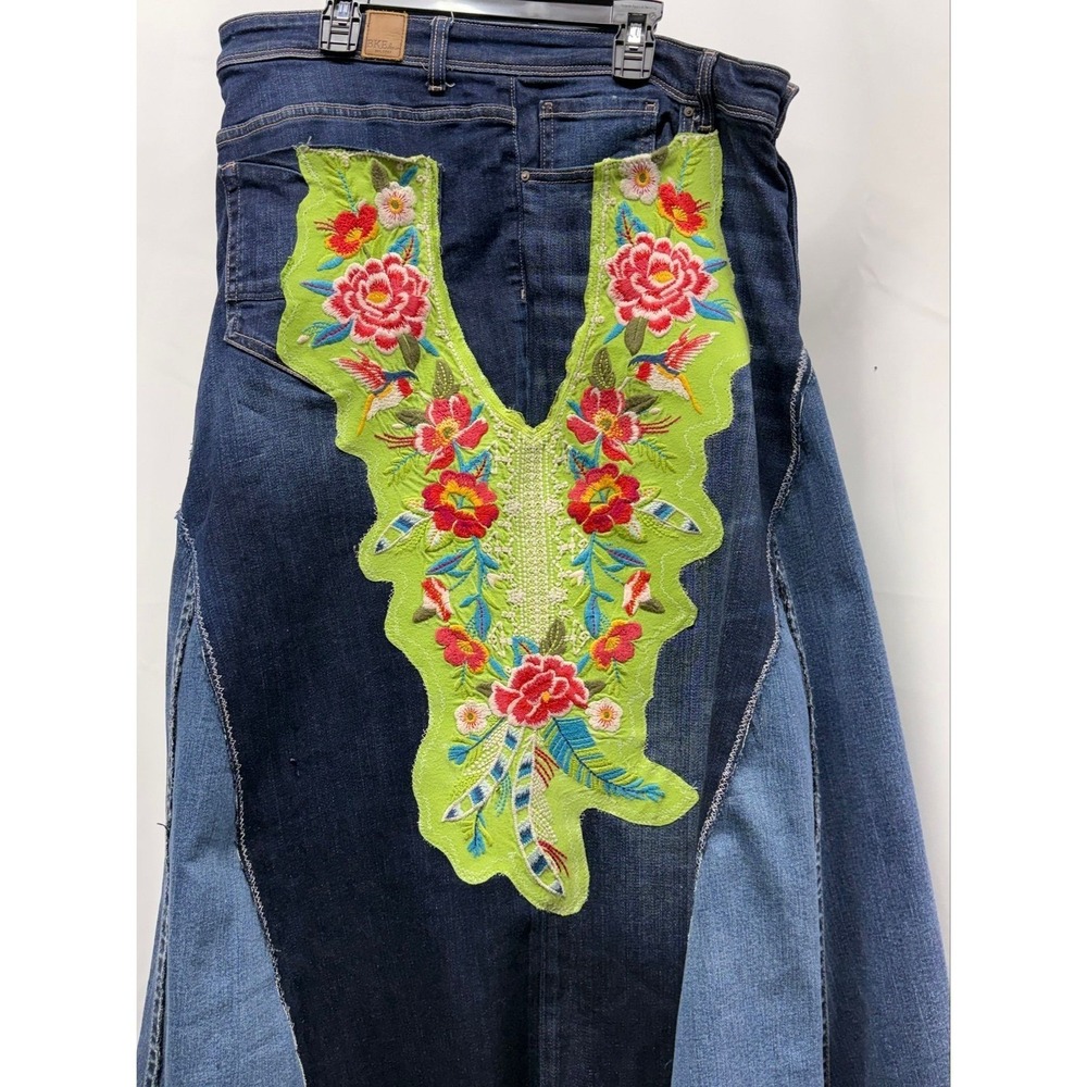 Boho Luxe Upcycled Denim Maxi Skirt Embroidery on Denim Wearable Art Fits 14/16 - Picture 5 of 8